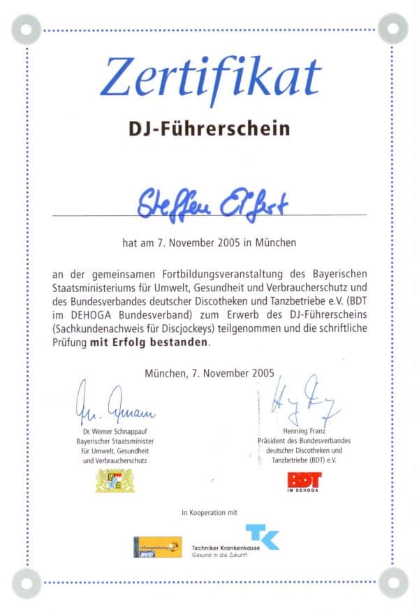 DJ-Führerschein Zertifikat für Steffen Eifert