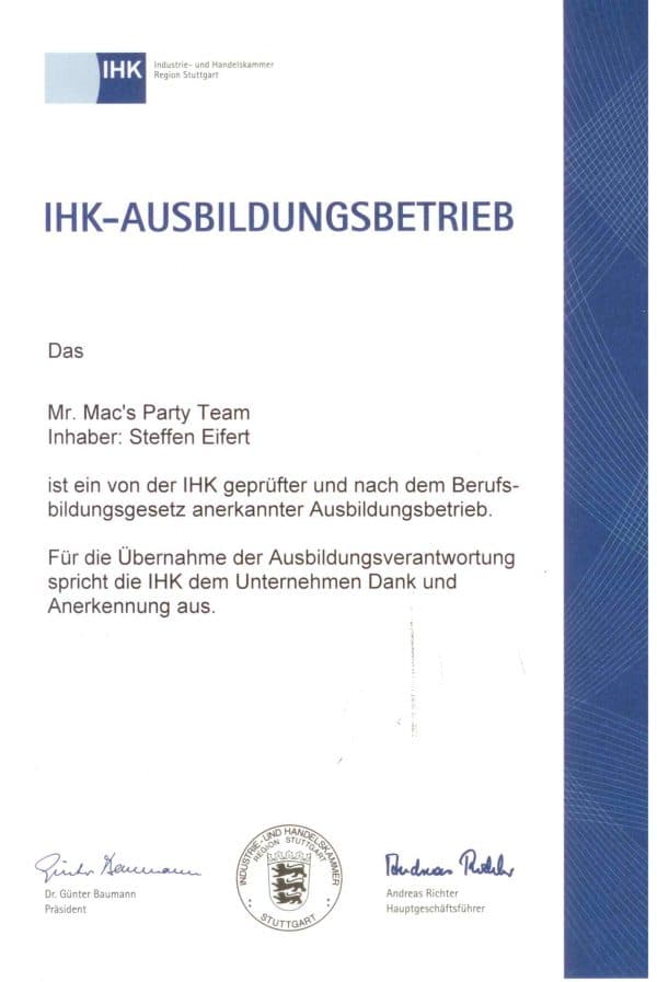 IHK Ausbildungszertifikat für mr. mac's party team