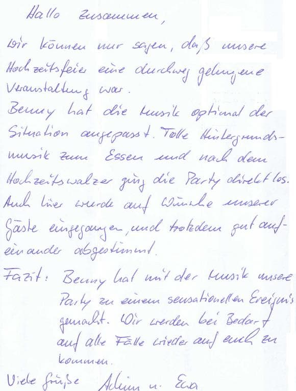 Scan eines Referenzschreibens von einer privaten Veranstaltung, FB-0330
