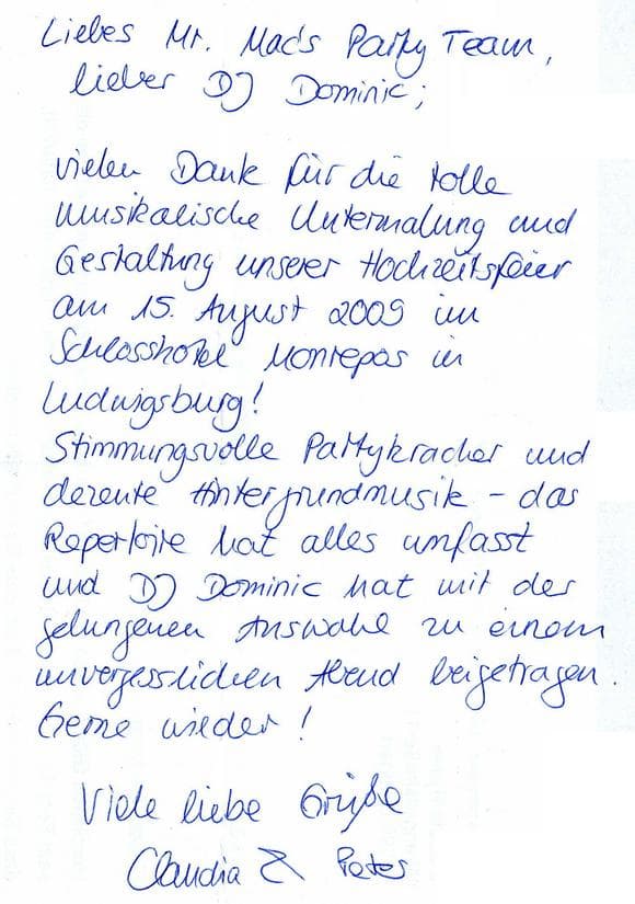 Scan eines Referenzschreibens von einer privaten Veranstaltung, FB-0620