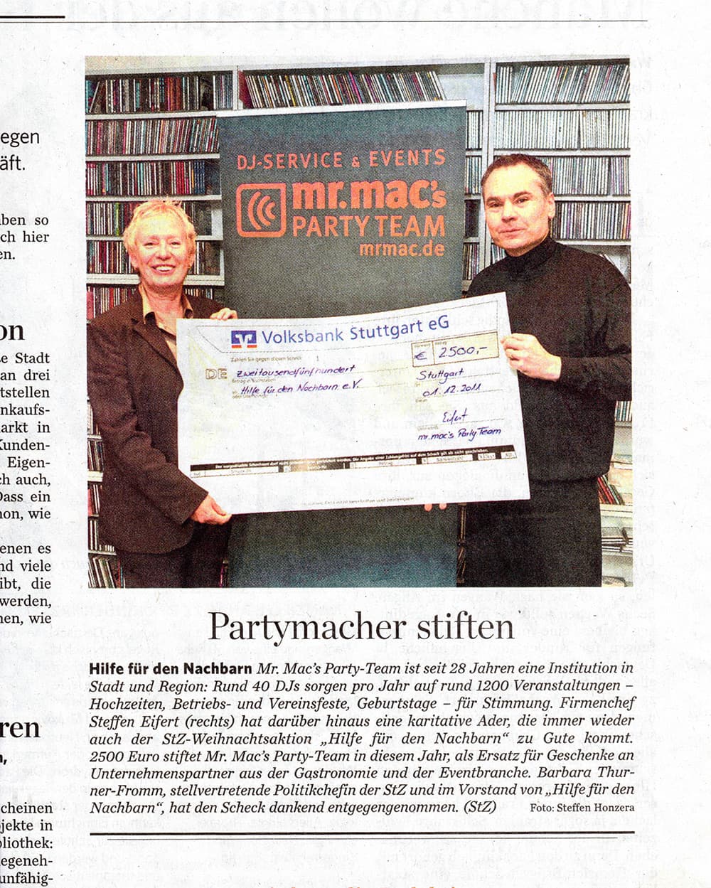 Stuttgarter Zeitung Artikel Partymacher helfen mit Scheckübergabe von mr. mac's party team
