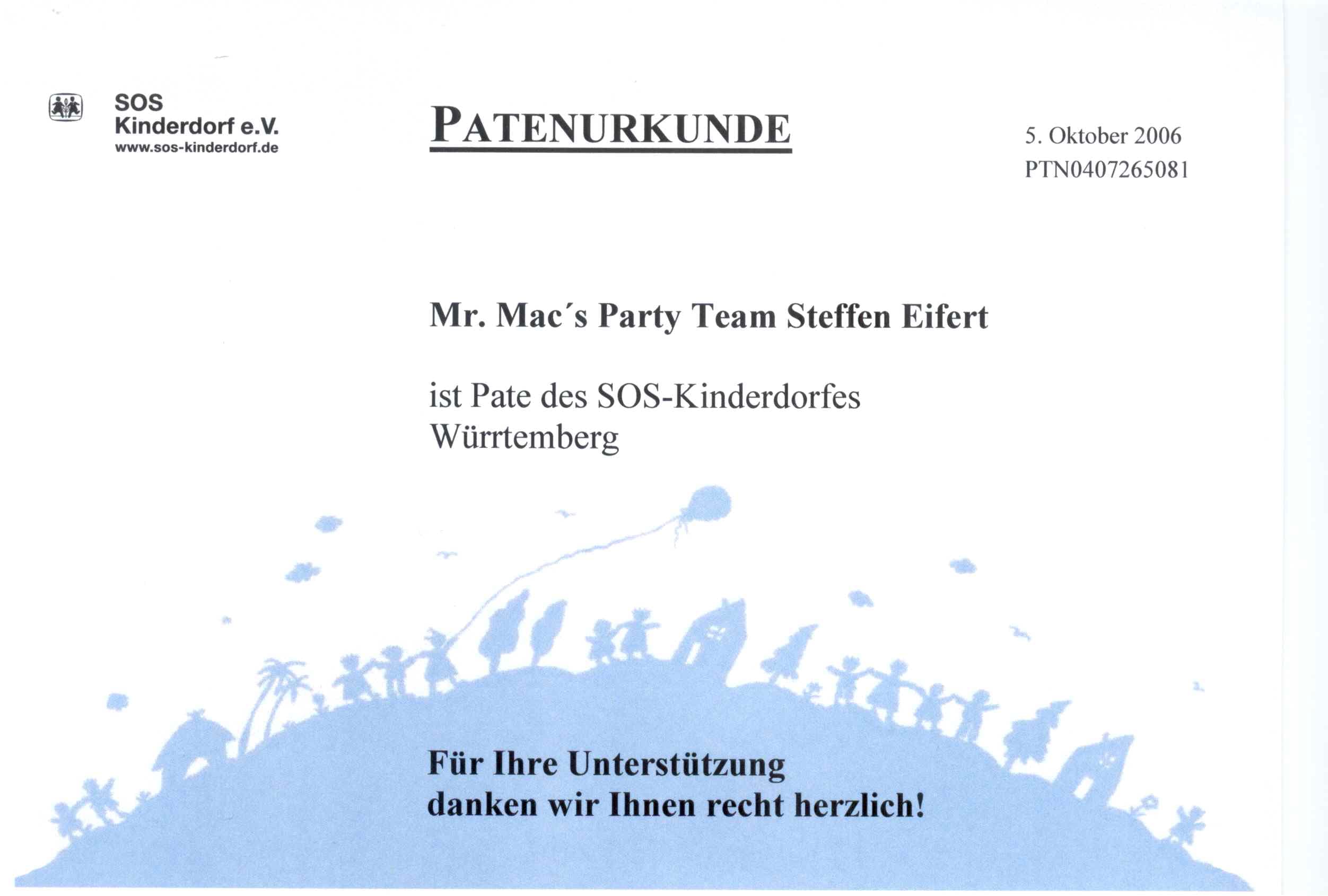 Patenurkunde des SOS-Kinderdorfs Württemberg für mr. mac's party team
