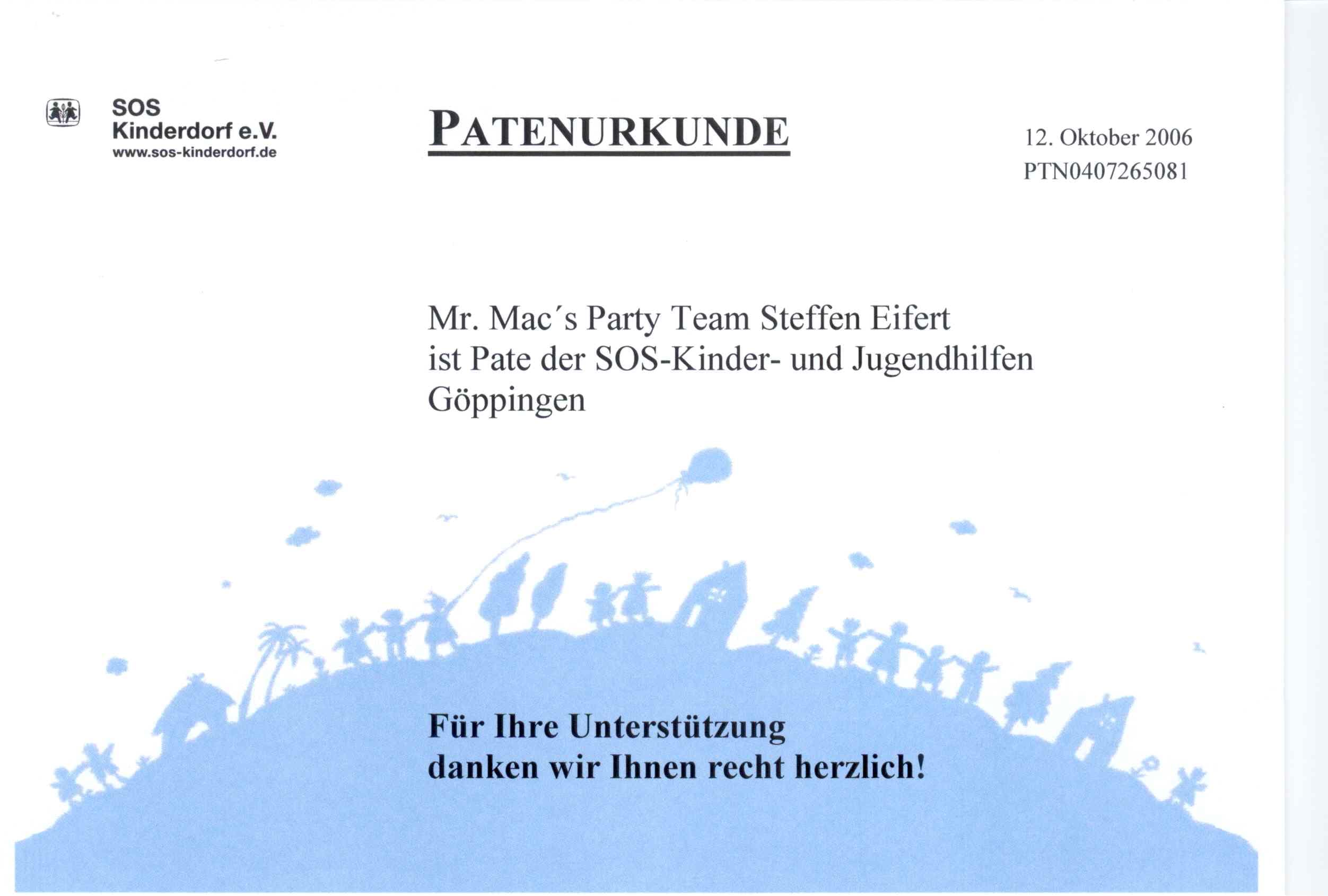 Patenurkunde des SOS-Kinderdorfs Göppingen für mr. mac's party team