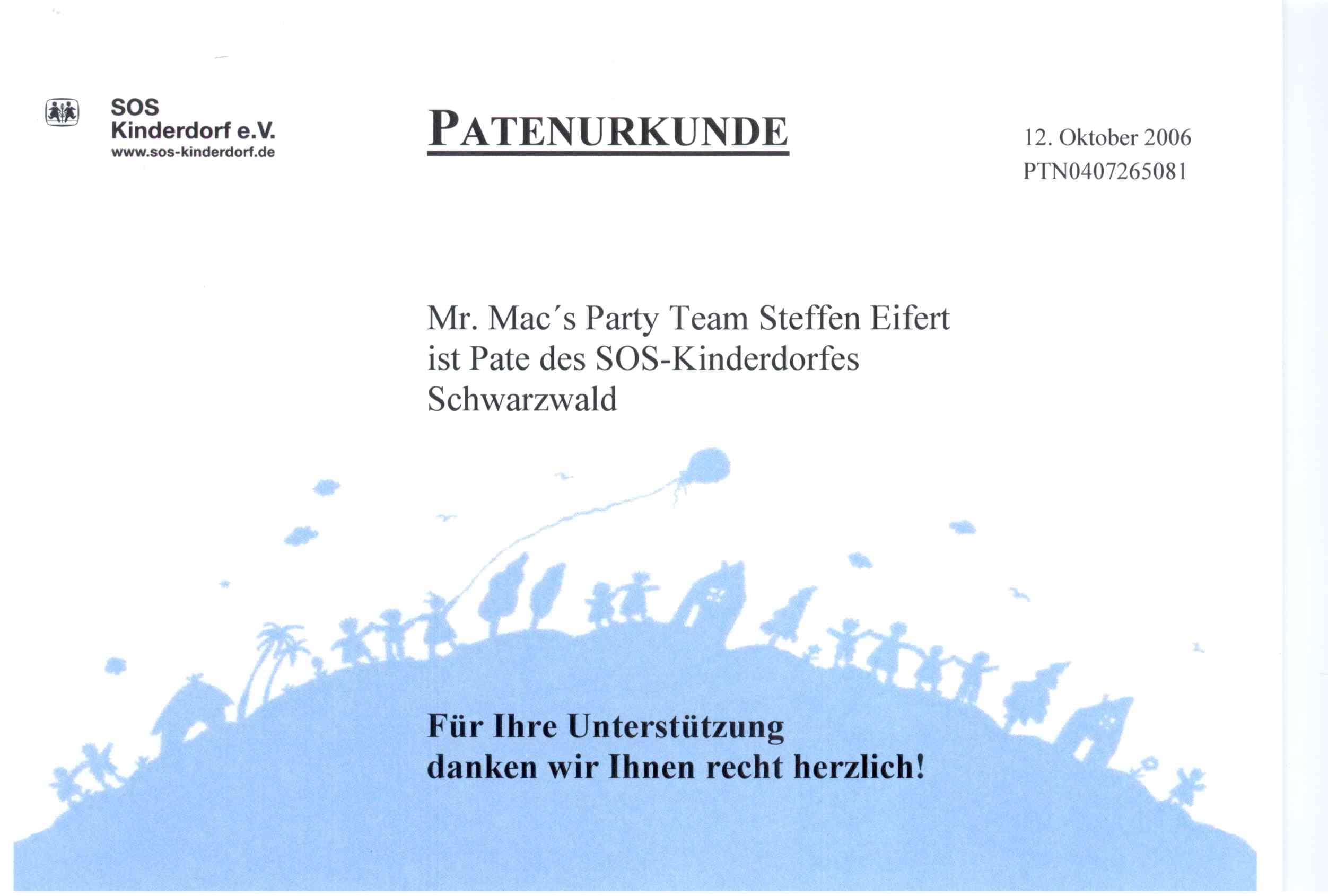 Patenurkunde des SOS-Kinderdorfs Schwarzwald für mr. mac's party team