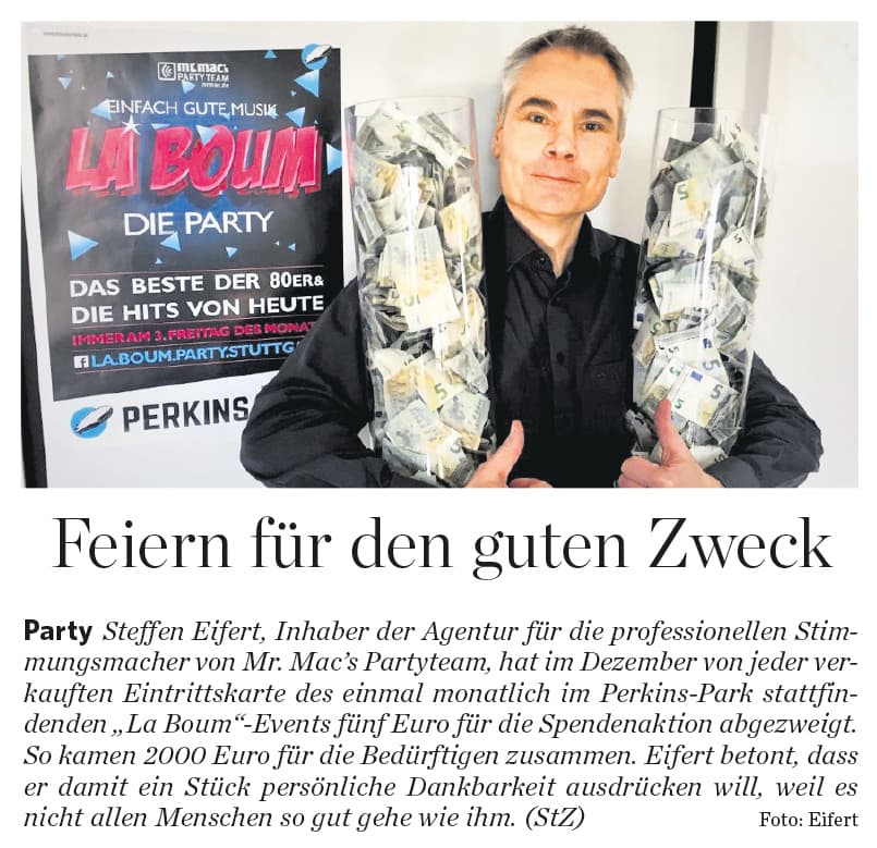Pressebericht Feiern für den guten Zweck über mr. mac's party team