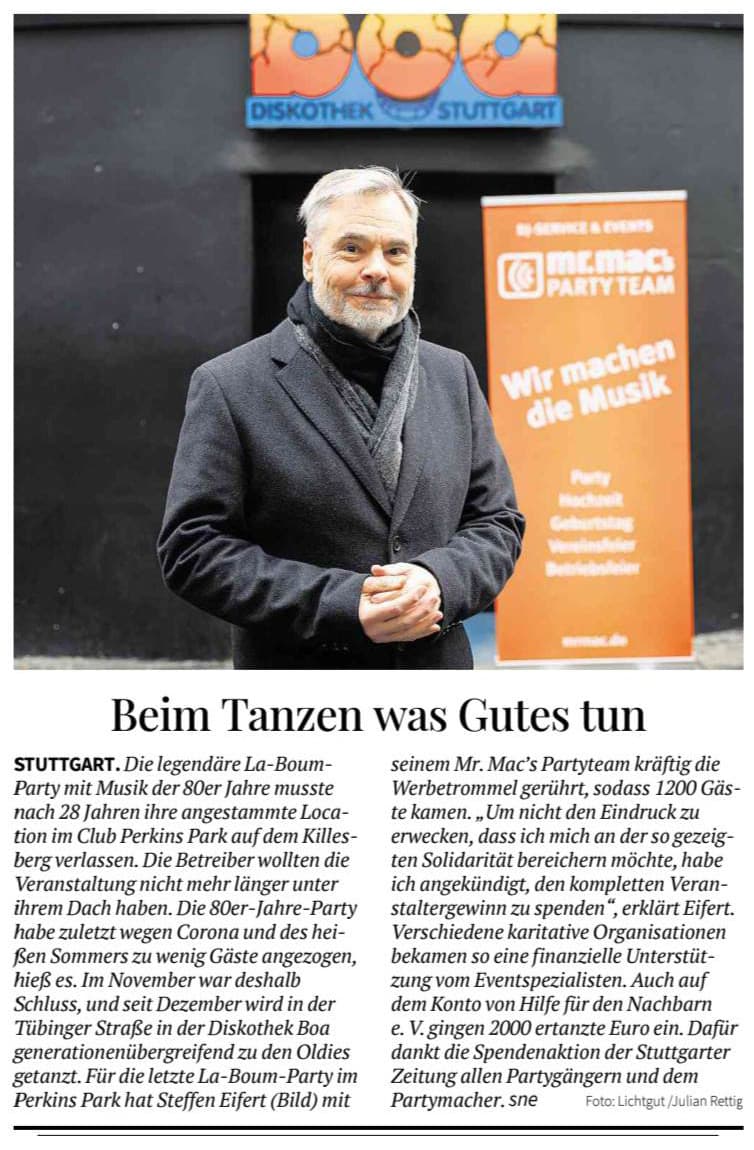 Presseartikel zur Spende von mr. mac's party team an Hilfe für den Nachbarn 2022