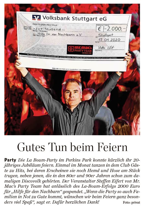 Stuttgarter Zeitung Artikel zur Spende von mr. mac's party team an Hilfe für den Nachbarn