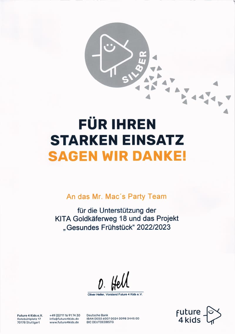 Urkunde von future 4 kids für eine Spende von mr. mac's party team