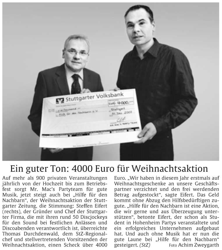 Zeitungsartikel Ein guter Ton über eine Spende von 4000 Euro für die Weihnachtsaktion