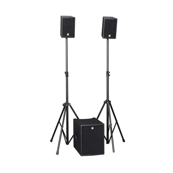 Normale Tonanlage von mr. mac's party team mit zwei Lautsprechern und Subwoofer