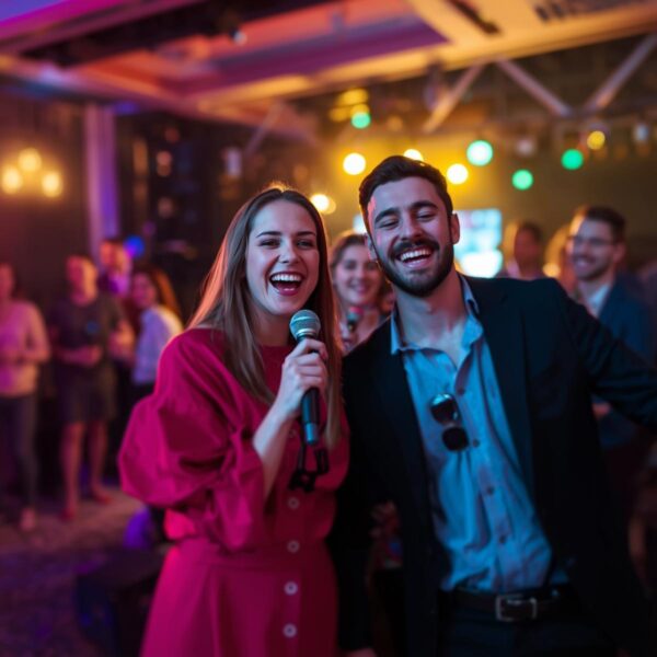 Karaoke mieten Stuttgart - Singendes Paar mit Mikrofonen bei Karaoke-Event
