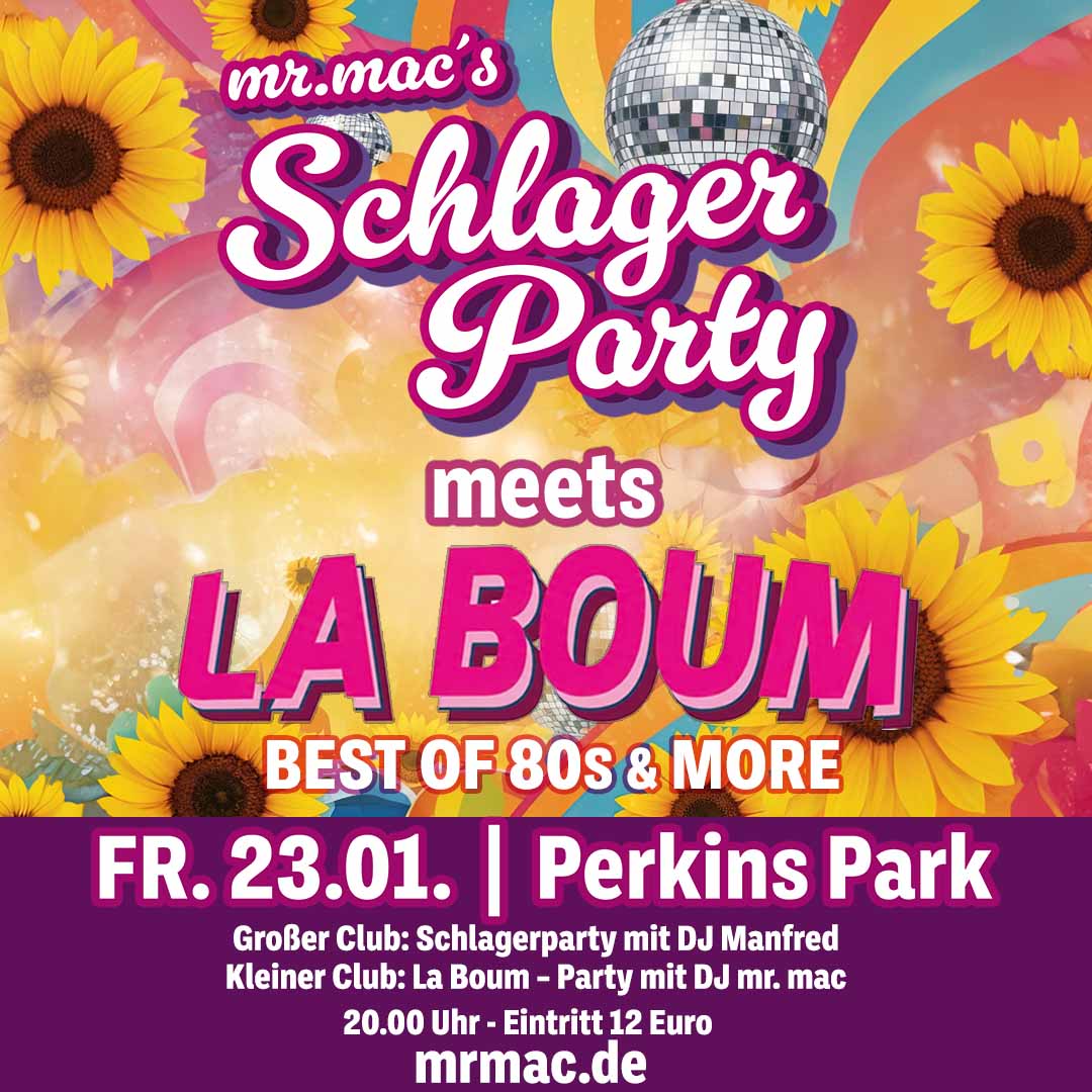 Plakat für die mrmacs Schlagerparty in Stuttgart im Perkins Park