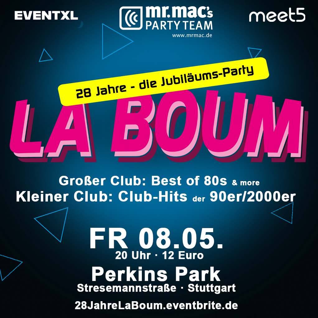 Flyer für die 28 Jahre Jubiläums La Boum Party von mr macs party team