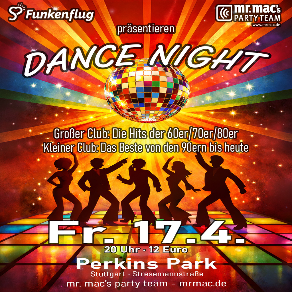 Flyer für die Dance Night im Perkins Park von mr. mac’s party team DJ Agentur Stuttgart