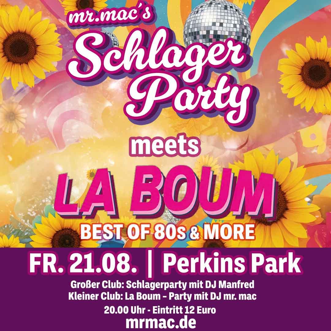Flyer für die r. mac’s Schlagerparty in Stuttgart am 21.08 im Perkins Park Stuttgart